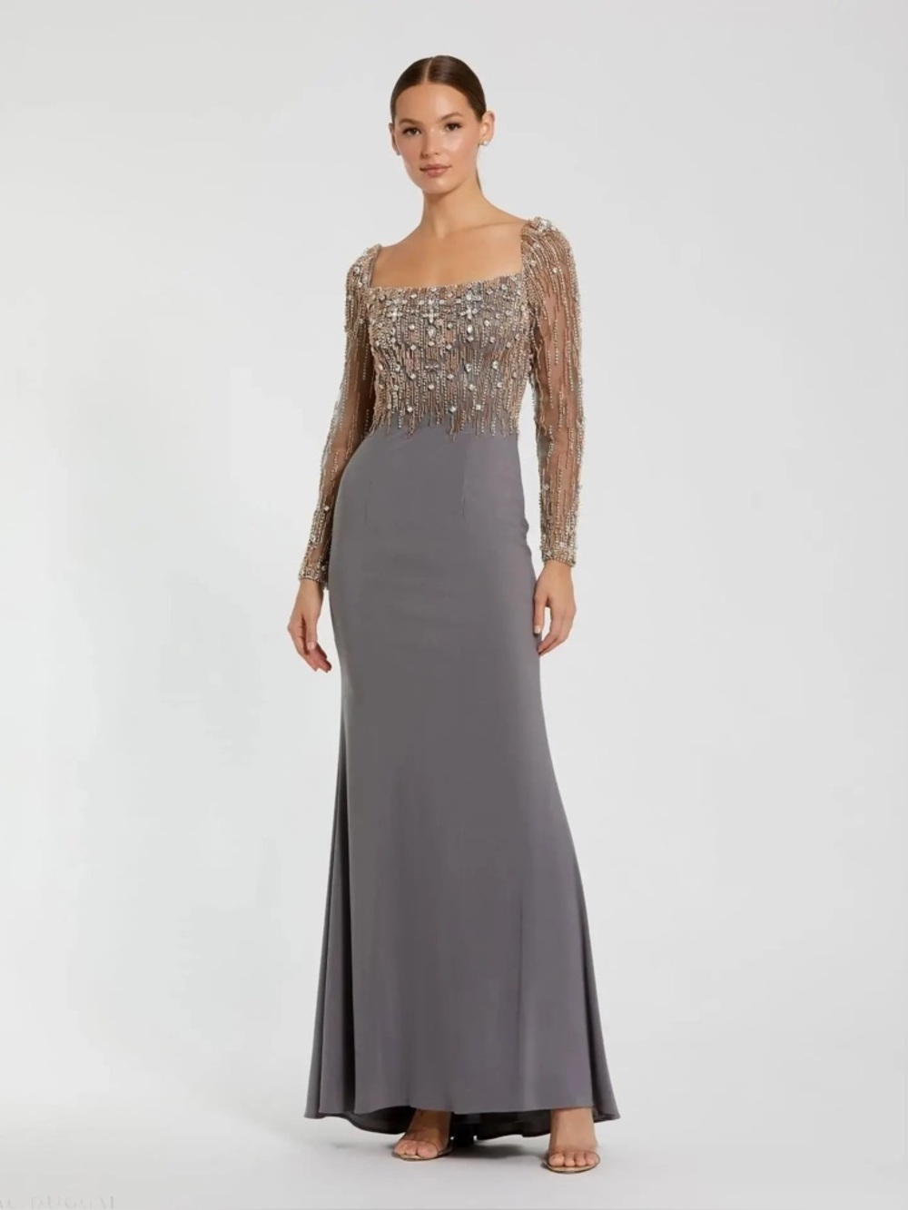 Mac Duggal 2256 Gray Beaded Square Neck Long Sleeve Jersey Gown Size 2 NWT